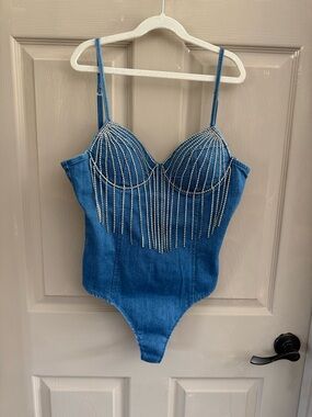 Rhinestone Fringe Blue Denim Bodysuit